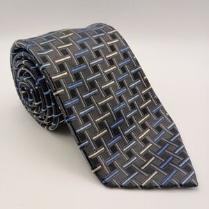 Countess Mara OS Men Black Blue Silver Geometric Basketweave Silk Necktie